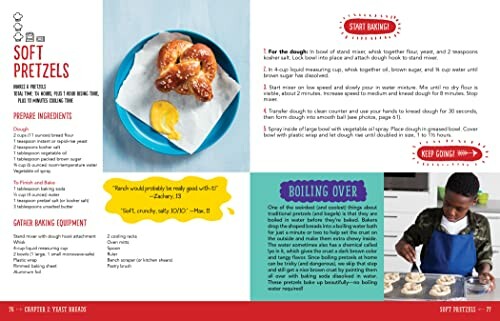 A recipe book page featuring a soft pretzel recipe with ingredients, instructions, and an image of a pretzel on a blue plate.